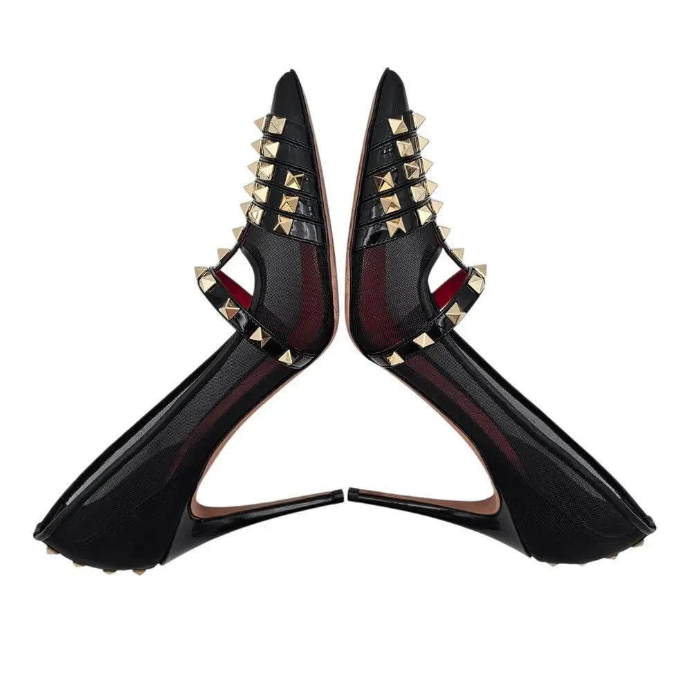 Valentino Garavani Rockstud Alcove Black Patent Leather Mesh Pump Heel Size 39 9